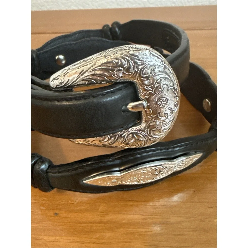 Vintage Tony Lama Black Braided Silver Tone Concho Belt Size-28